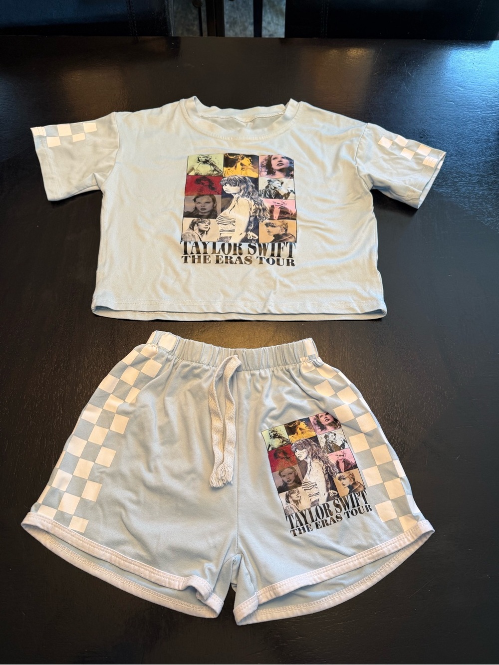 Taylor Swift Light Blue Kids Two-Piece Pajama Set with Checkerboard